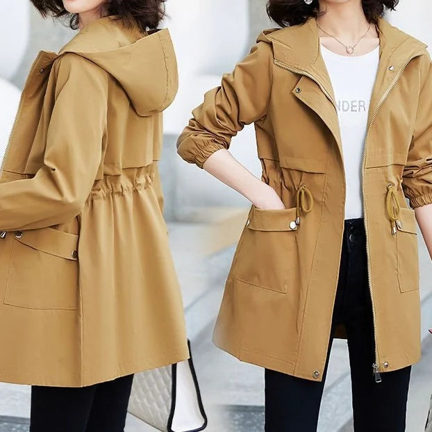 Women's Lightweight Slim-Fit Casual Hooded Mid-Length Trench Coat Customizable Logo Fashion