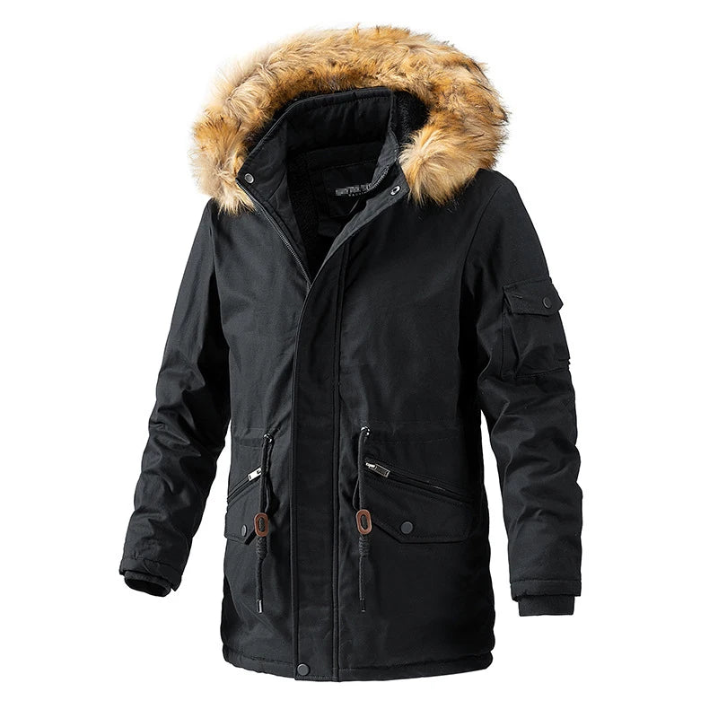 Long Washed Men's Coat With Velvet Cotton-padded Jacket Fashion Casual Solid Color Men's Long Cotton-padded Jacket.