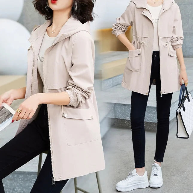 Women's Lightweight Slim-Fit Casual Hooded Mid-Length Trench Coat Customizable Logo Fashion