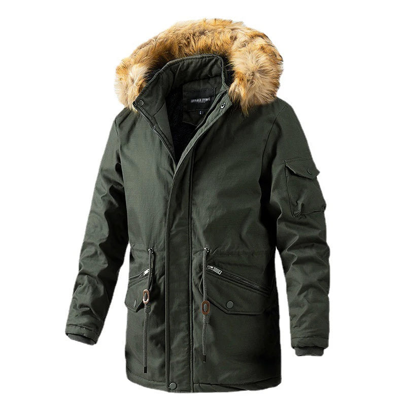 Long Washed Men's Coat With Velvet Cotton-padded Jacket Fashion Casual Solid Color Men's Long Cotton-padded Jacket.