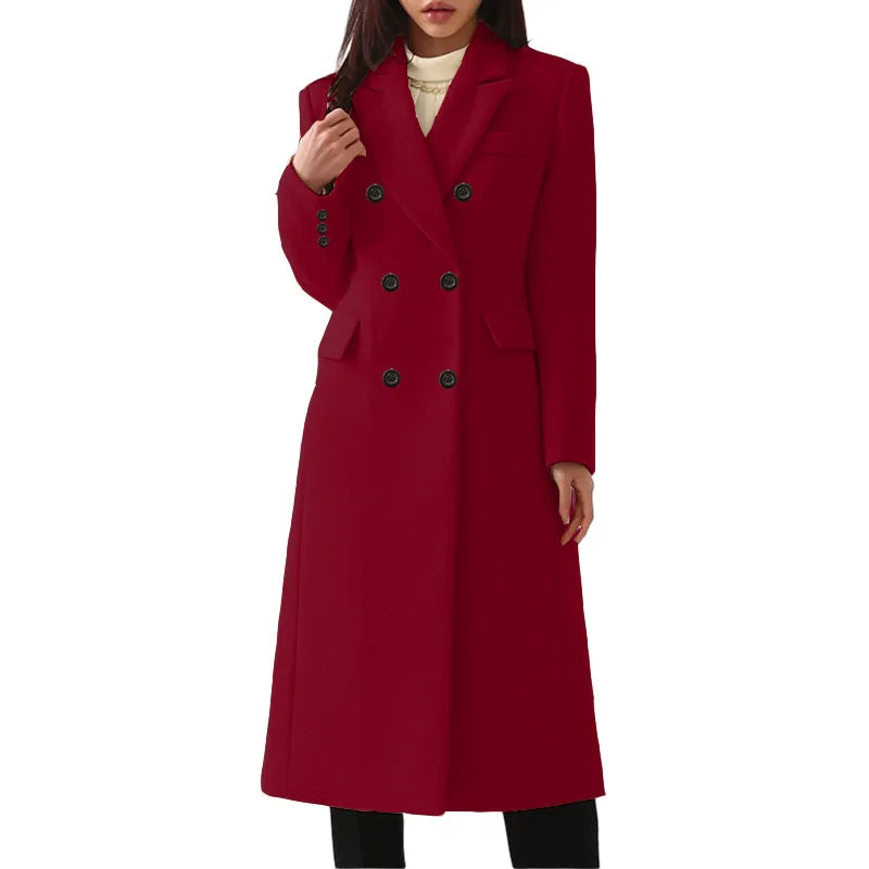 Women's Double-Breasted Solid Color Long Plus Size Wool Coat Fashion