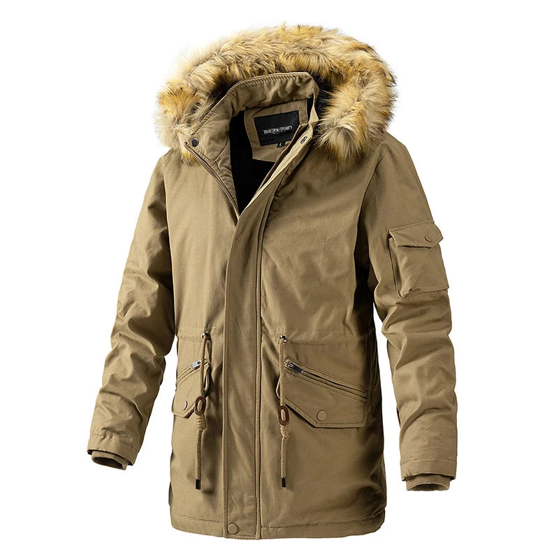 Long Washed Men's Coat With Velvet Cotton-padded Jacket Fashion Casual Solid Color Men's Long Cotton-padded Jacket.