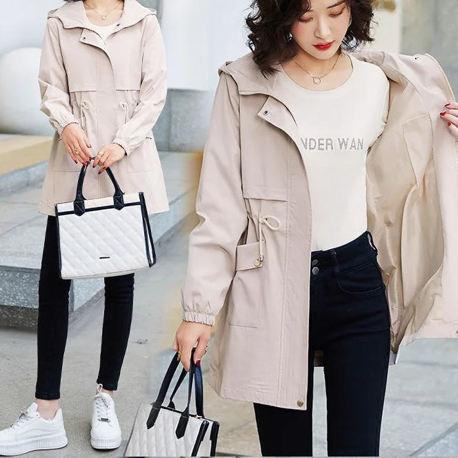 Women's Lightweight Slim-Fit Casual Hooded Mid-Length Trench Coat Customizable Logo Fashion