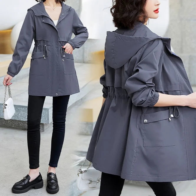 Women's Lightweight Slim-Fit Casual Hooded Mid-Length Trench Coat Customizable Logo Fashion