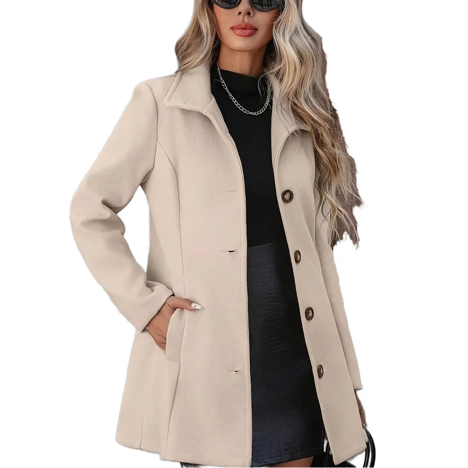 Elegant Solid Style Woolen Blazer and Overcoat for Autumn Winter Long  Fitted Lapel Button Design Suit Jacket