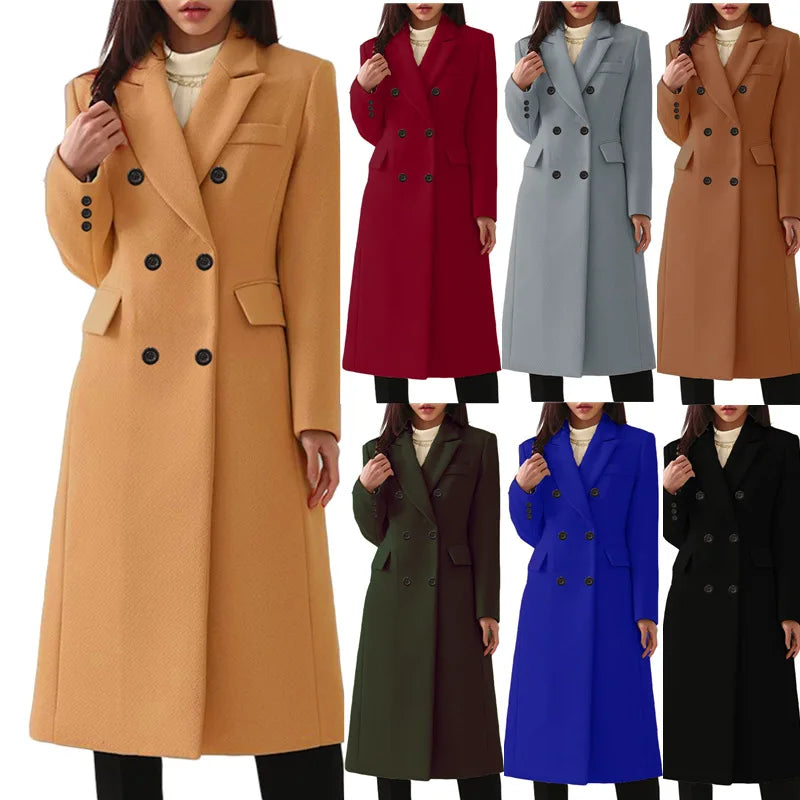Women's Double-Breasted Solid Color Long Plus Size Wool Coat Fashion