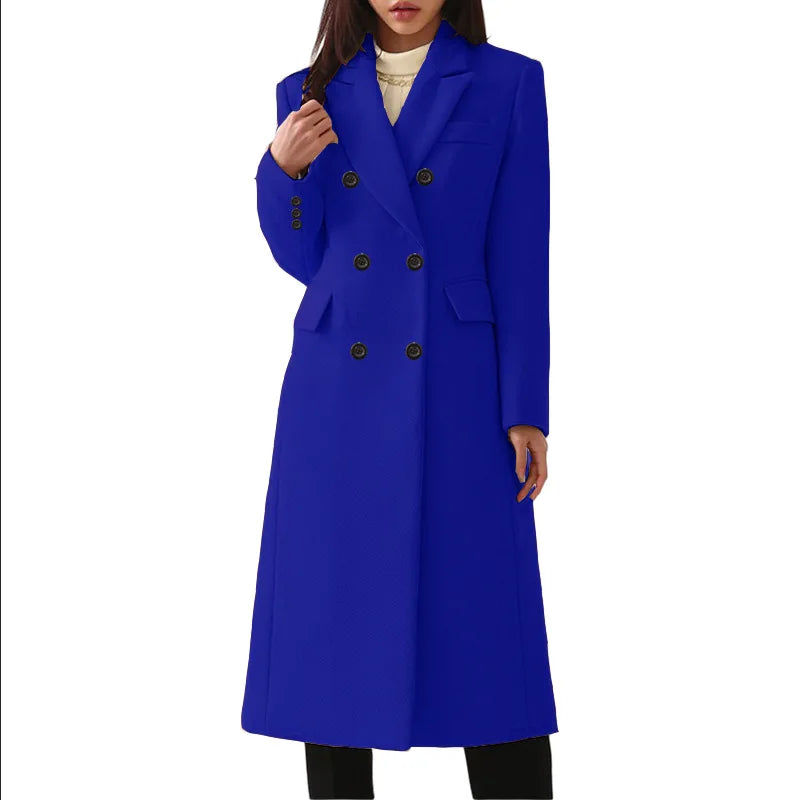 Women's Double-Breasted Solid Color Long Plus Size Wool Coat Fashion