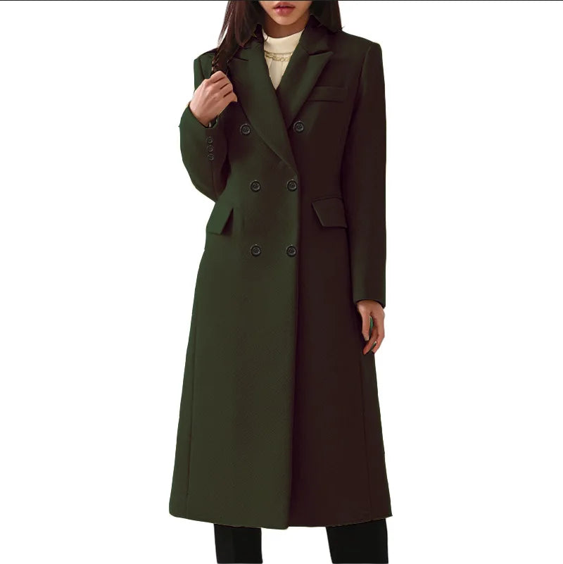 Women's Double-Breasted Solid Color Long Plus Size Wool Coat Fashion