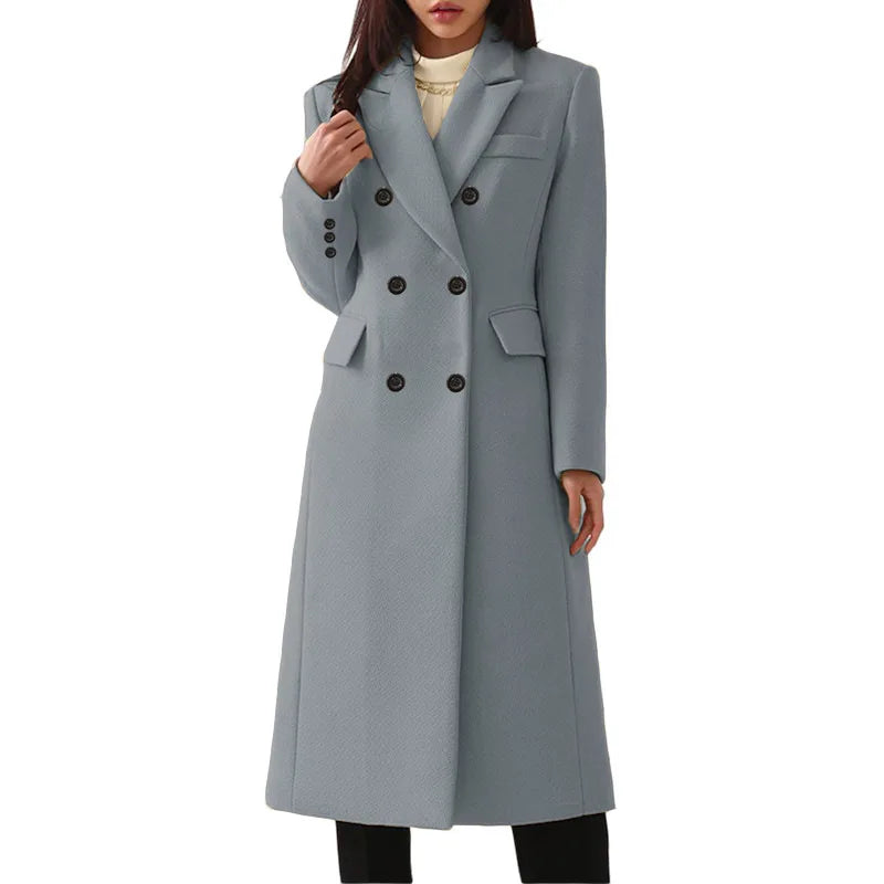Women's Double-Breasted Solid Color Long Plus Size Wool Coat Fashion