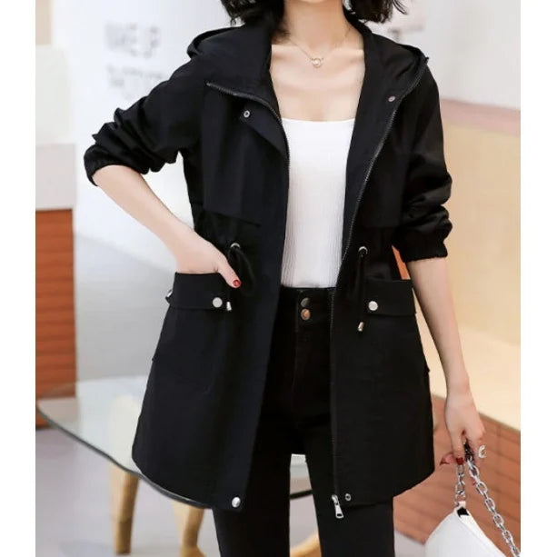 Women's Lightweight Slim-Fit Casual Hooded Mid-Length Trench Coat Customizable Logo Fashion