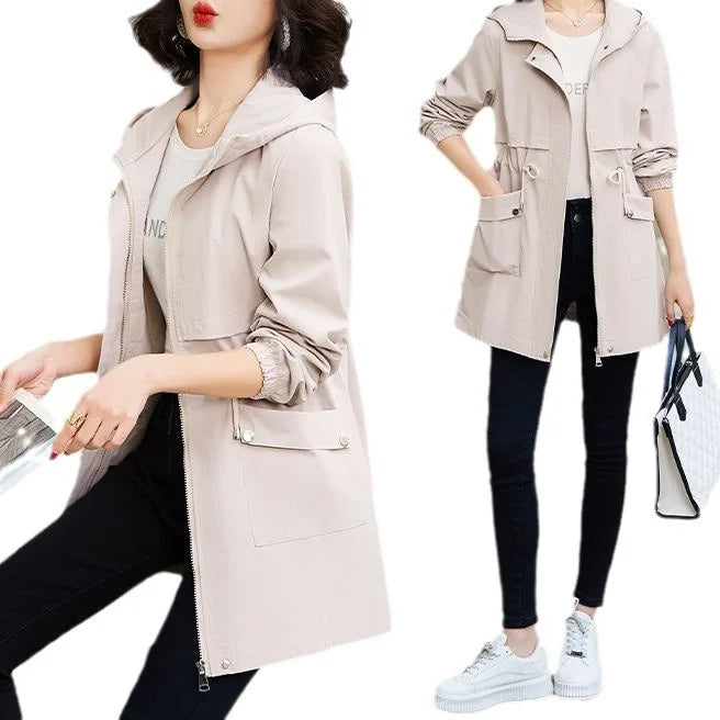 Women's Lightweight Slim-Fit Casual Hooded Mid-Length Trench Coat Customizable Logo Fashion