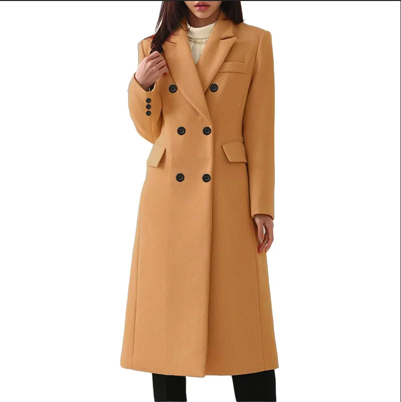 Women's Double-Breasted Solid Color Long Plus Size Wool Coat Fashion