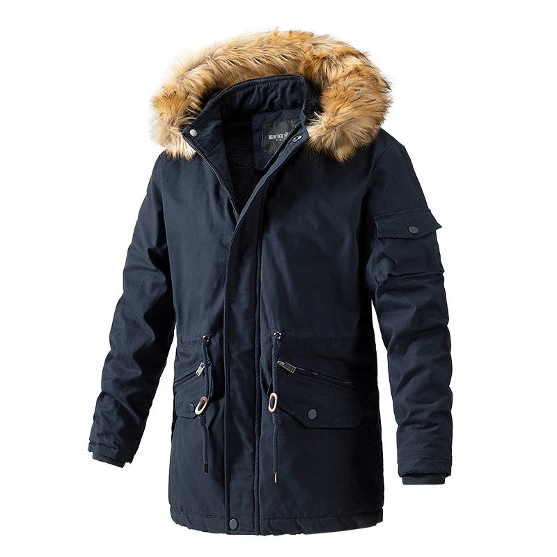 Long Washed Men's Coat With Velvet Cotton-padded Jacket Fashion Casual Solid Color Men's Long Cotton-padded Jacket.