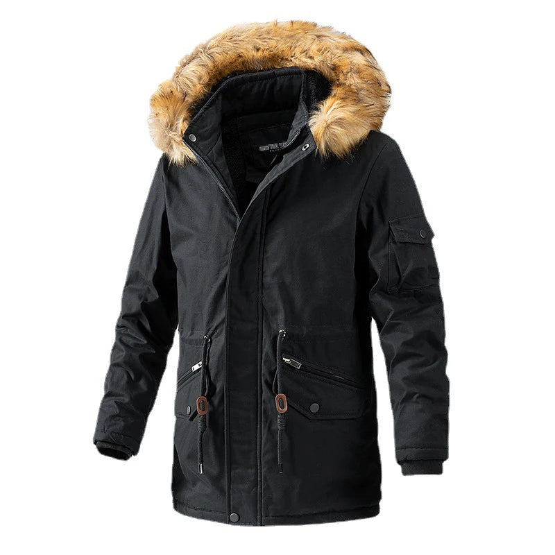 Long Washed Men's Coat With Velvet Cotton-padded Jacket Fashion Casual Solid Color Men's Long Cotton-padded Jacket.