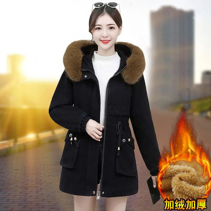 fleece-lined Thickened 2024 Winter New Cotton-padded Coat Wool Collar Waistline Slim-fit Warm Cotton-padded Coat Mid-length Pike Clothing Women's Trendy