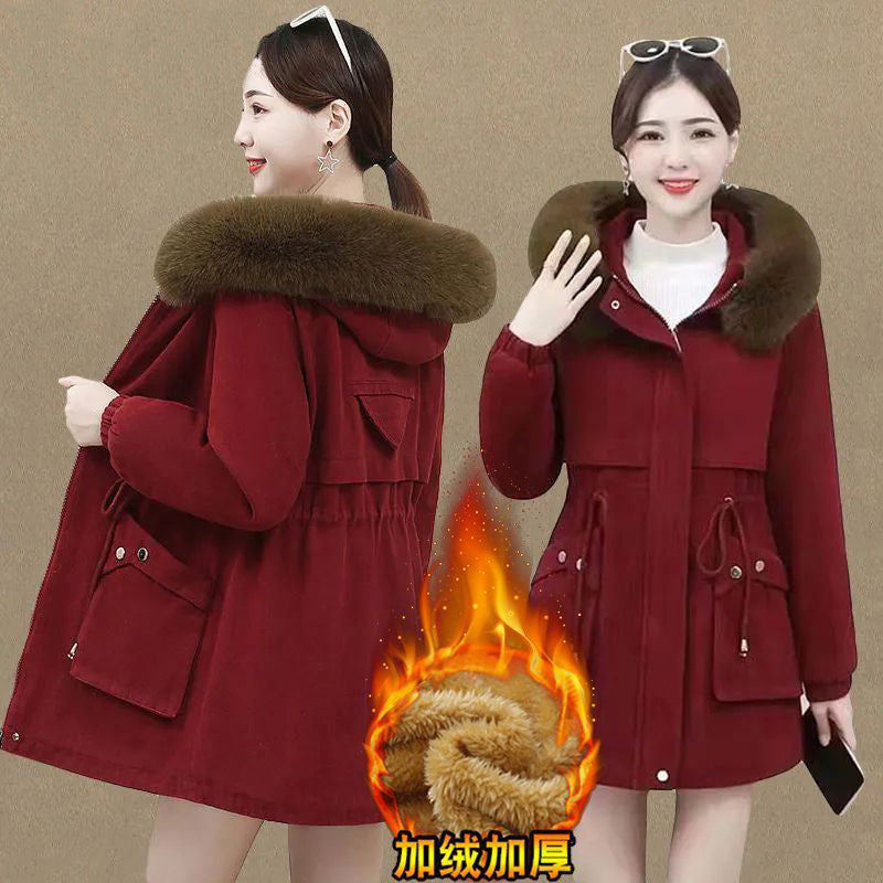 fleece-lined Thickened 2024 Winter New Cotton-padded Coat Wool Collar Waistline Slim-fit Warm Cotton-padded Coat Mid-length Pike Clothing Women's Trendy