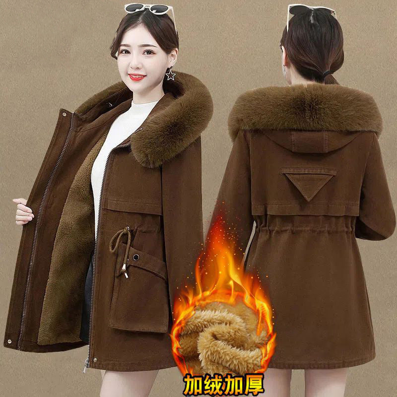 fleece-lined Thickened 2024 Winter New Cotton-padded Coat Wool Collar Waistline Slim-fit Warm Cotton-padded Coat Mid-length Pike Clothing Women's Trendy