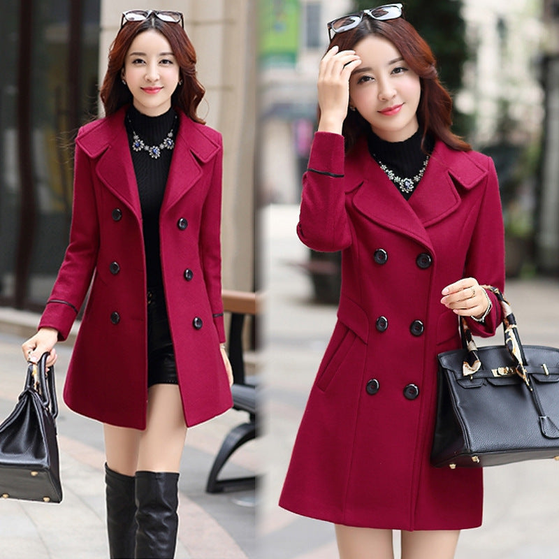 2025 Autumn and Winter Women's Windbreaker New Korean Style Slim Woolen Coat Double-Breasted Women's Long Woolen Coat