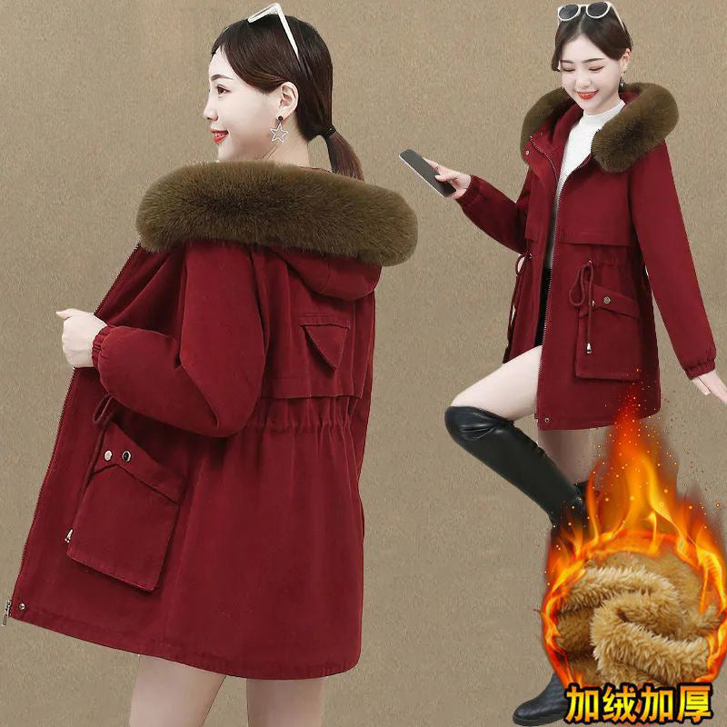 fleece-lined Thickened 2024 Winter New Cotton-padded Coat Wool Collar Waistline Slim-fit Warm Cotton-padded Coat Mid-length Pike Clothing Women's Trendy